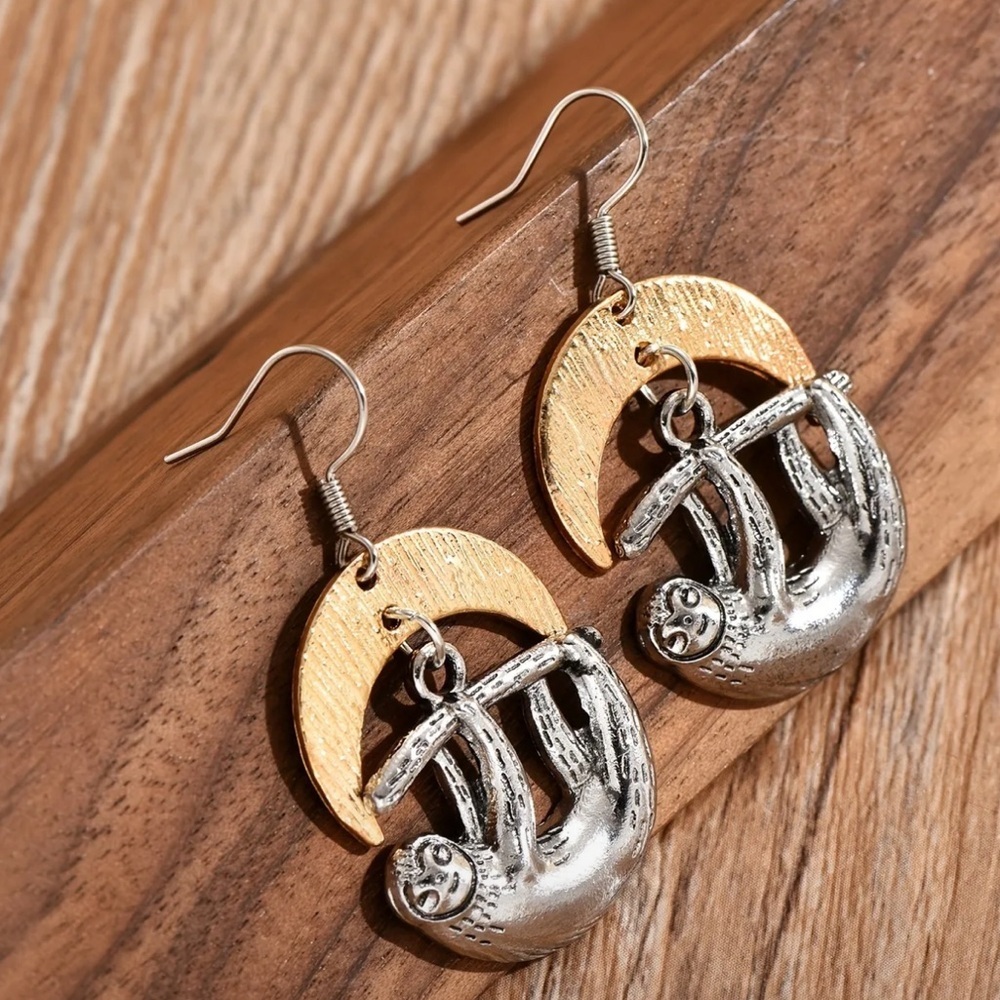 Silver and Gold Sloth Moon Earrings